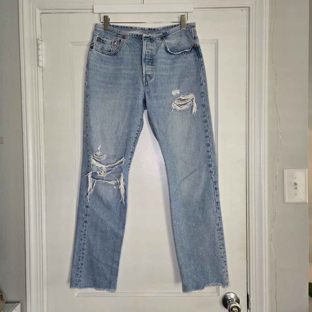 Levis 501 Womens W27 Light Wash Distressed Jeans Button Fly Straight